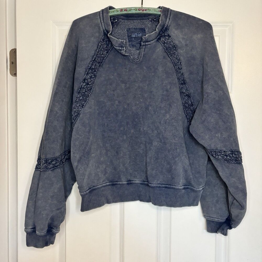 Aerie Hey Crochet Heathered Blue Loose Fit Sweatshirt Size Small